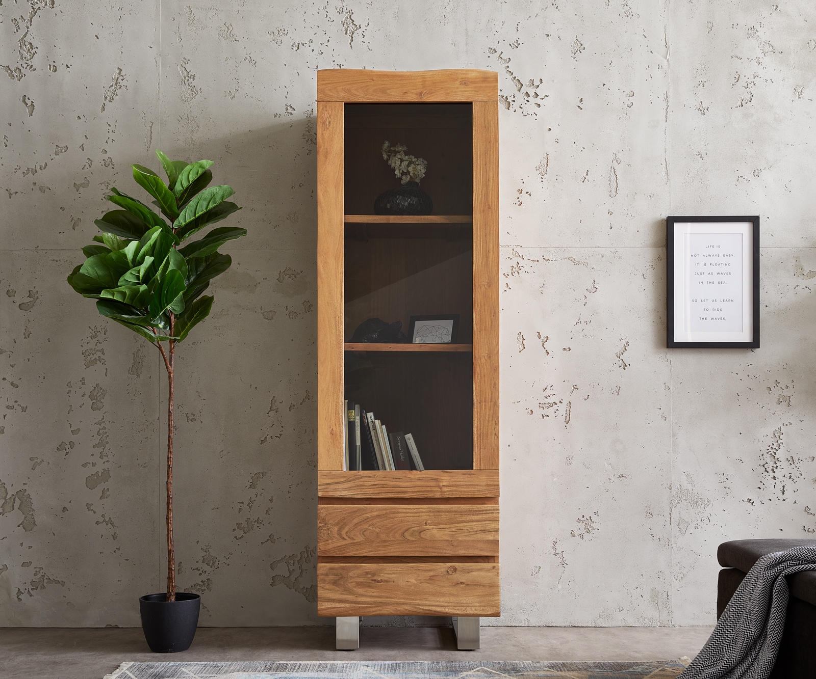 Vitrine Live-Edge 60x190 cm acacia naturel bordure de tronc d'arbre 1 porte 2 tiroirs massif 1 Vitrine Live-Edge 60x190 cm acacia naturel bordure de tronc d'arbre 1 porte 2 tiroirs massif 1