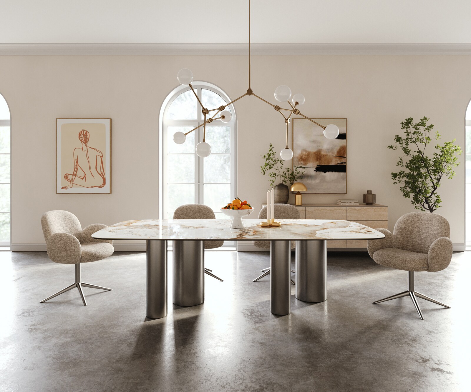 Table à manger Edge Boot 240x120 cm Céramique Minas Melange Blanc-Beige Pilier Acier inoxydable Graphite 2