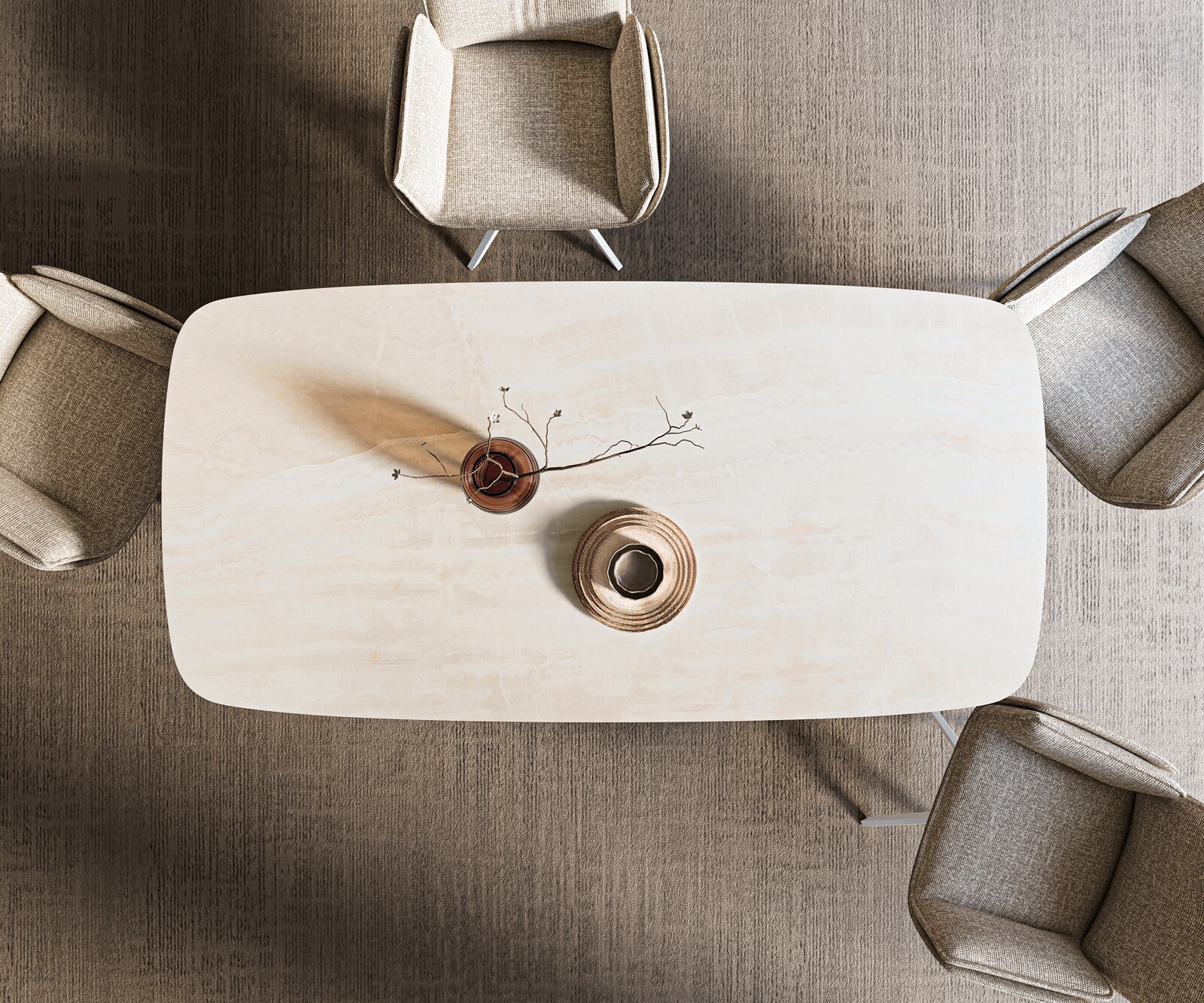 Table à manger Edge bateau 200x100 cm céramique Onyx Champagne piètement incliné métal blanc 5