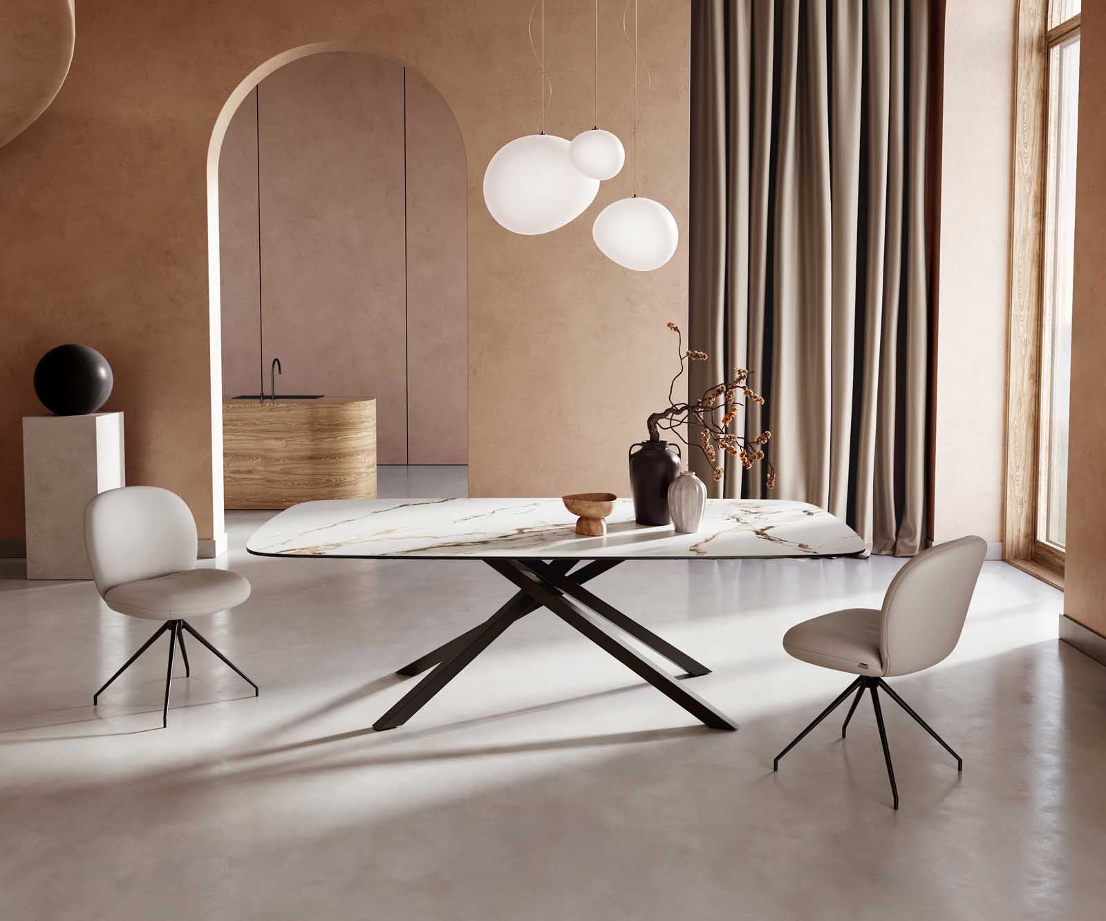 Table à manger Edge en forme de bateau 240x120 céramique Calacatta Luxe blanc-doré-gris cadre croisé rectangulaire noir Table à manger Edge en forme de bateau 240x120 céramique Calacatta Luxe blanc-doré-gris cadre croisé rectangulaire noir