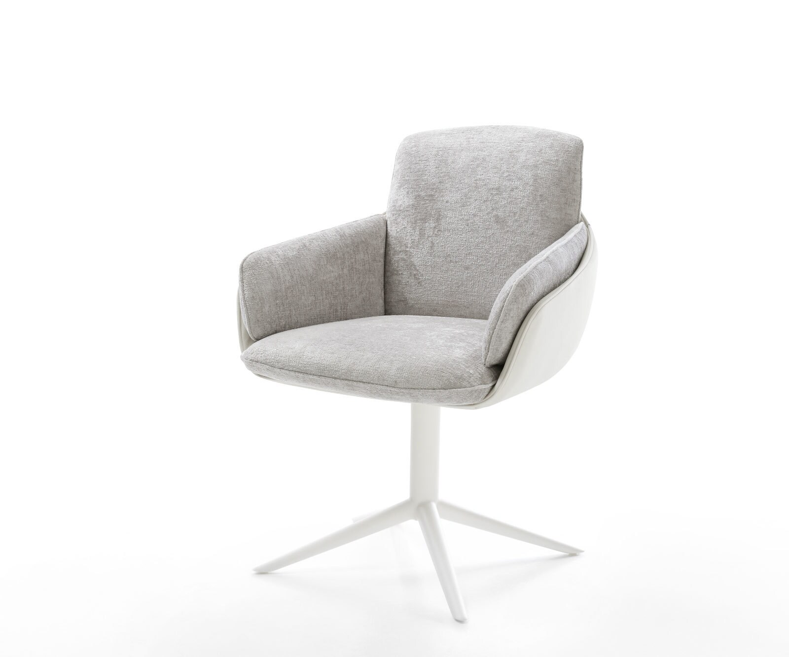 Chaise-pivotante Luan-Flex avec accoudoirs tissu mixte cuir de vache blanc-gris argenté pied de chaise 4 branches blanc pivotement sur 360° fonction bascule