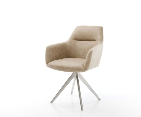 Chaise-de-salle-à-manger Pejo-Flex microvelours beige vintage pied croisé angulaire acier inoxydable brossé ressorts ensachés