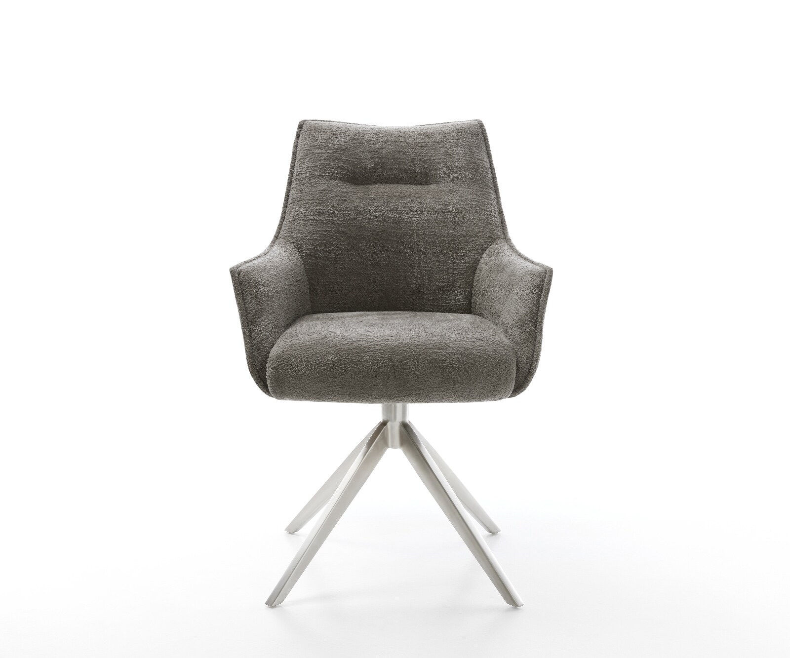 Chaise-pivotante Alja-Flex avec accoudoirs bouclé doux couleur boue pied croisé large acier inoxydable pivotement sur 360° fonction bascule resorts ensachés 1