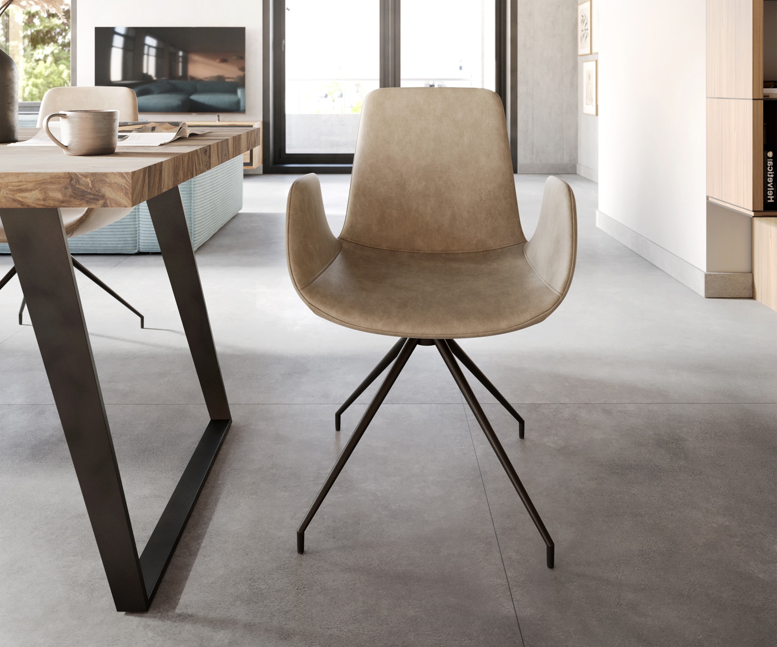 Chaise-de-salle-à-manger Ilia-Flex avec accoudoirs microvelours beige vintage pied croisé conique noir 1 Chaise-de-salle-à-manger Ilia-Flex avec accoudoirs microvelours beige vintage pied croisé conique noir 1