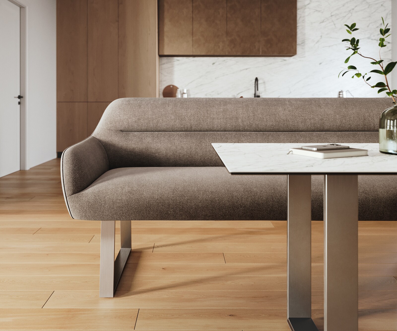 Banc-de-salle-à-manger Taya-Flex 200 cm tissu structuré doux taupe piètement à patins angulaire acier inoxydable ressort ensaché 2