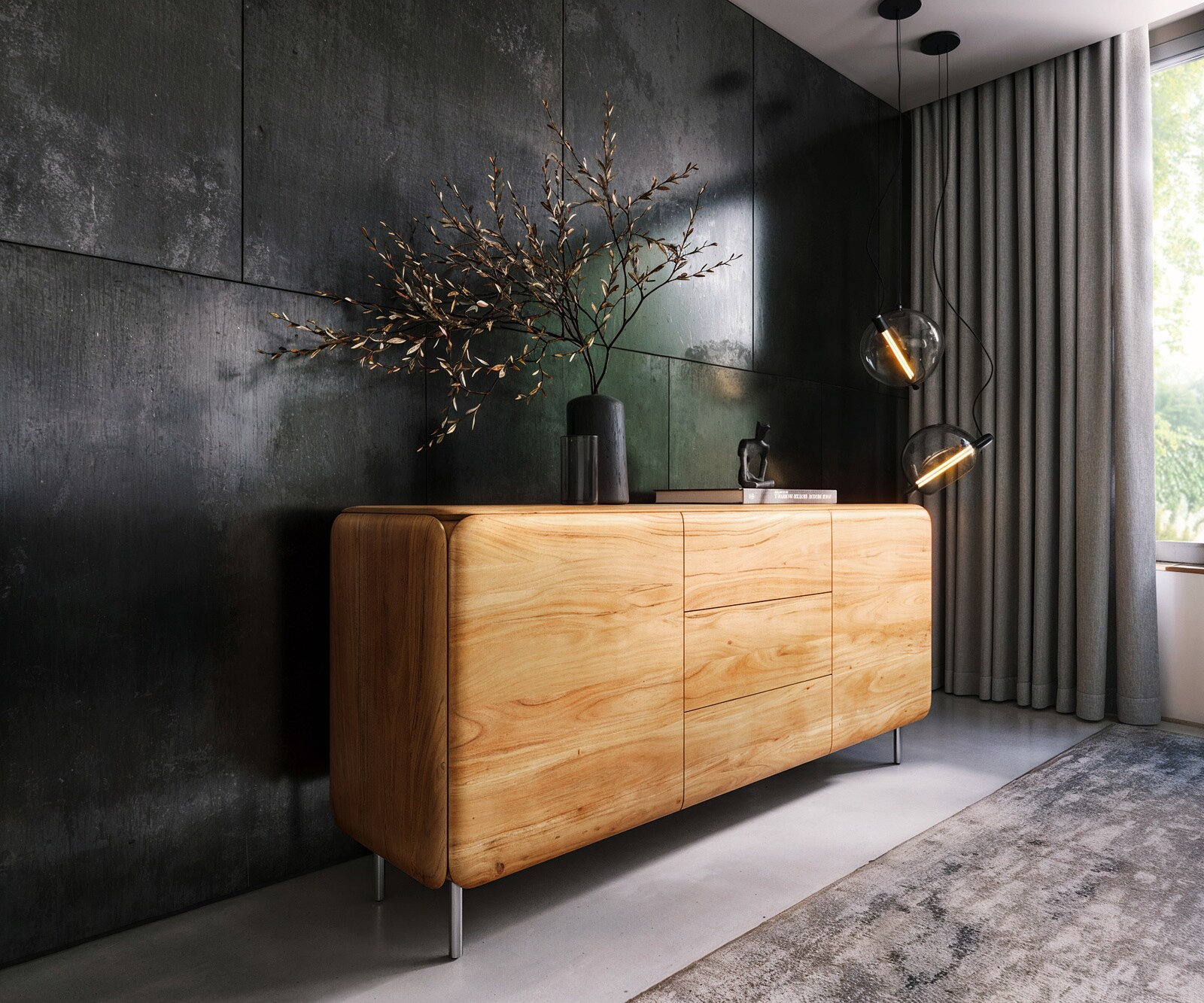 Buffet Shavani 175 cm Acacia naturel 2 portes 3 tiroirs Pieds ronds Acier inoxydable Argent
