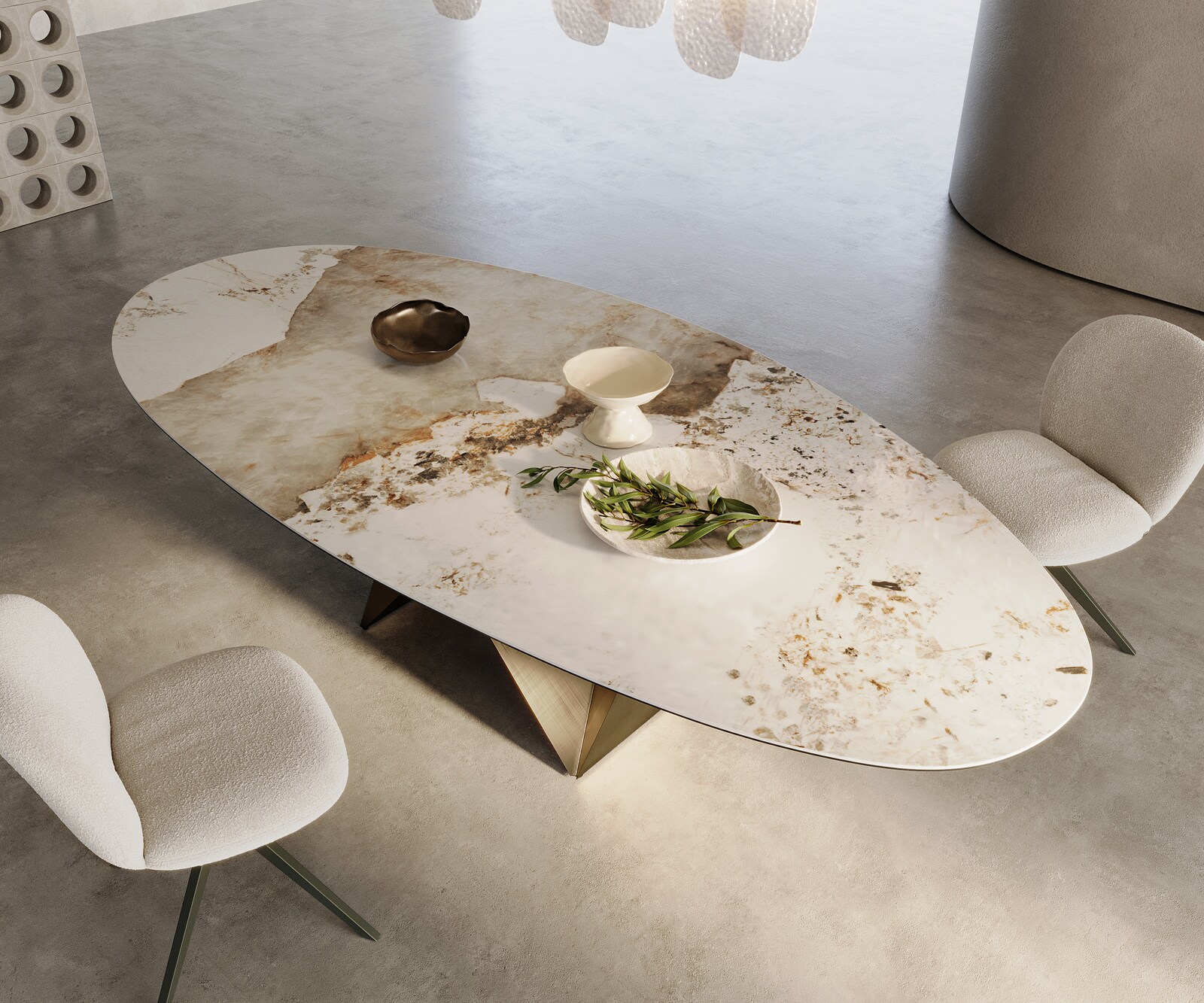 Table à manger Edge ovalee 280x130 céramique Minas mélange blanc-beige Origami métallique doré 2