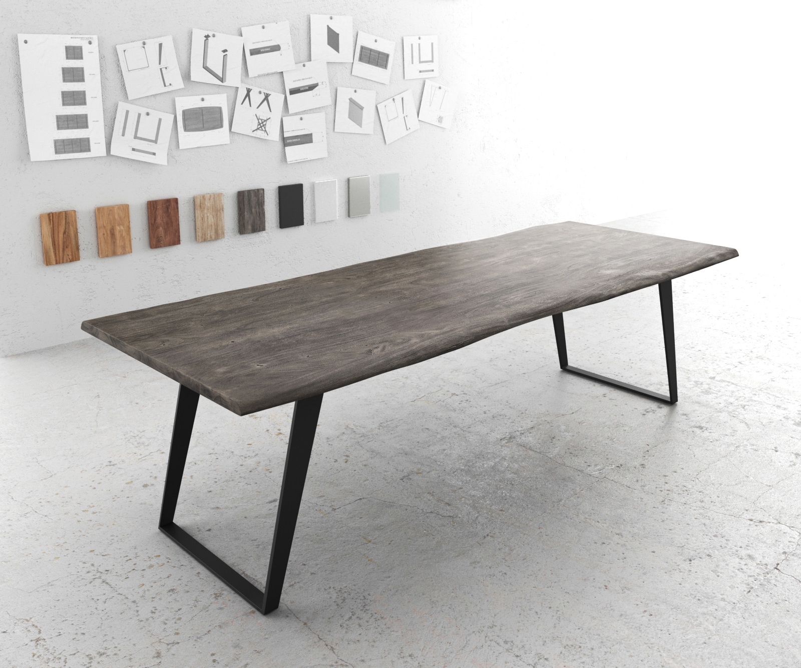 Table-à-manger Edge 260x100 acacia platine métal incliné Live-Edge Table-à-manger Edge 260x100 acacia platine métal incliné Live-Edge