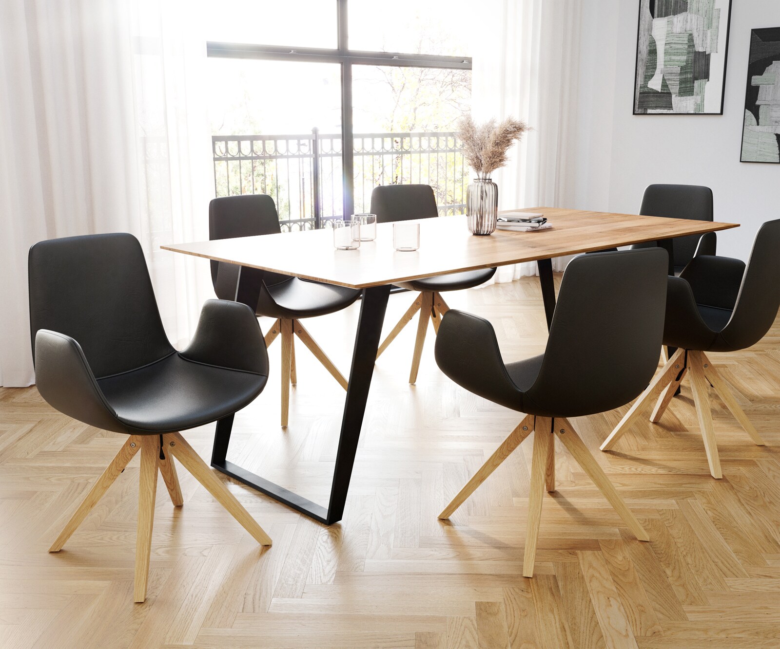 Chaise-de-salle-à-manger Ilia-Flex avec accoudoirs cuir de vache noir pied en bois anguleux naturel 3