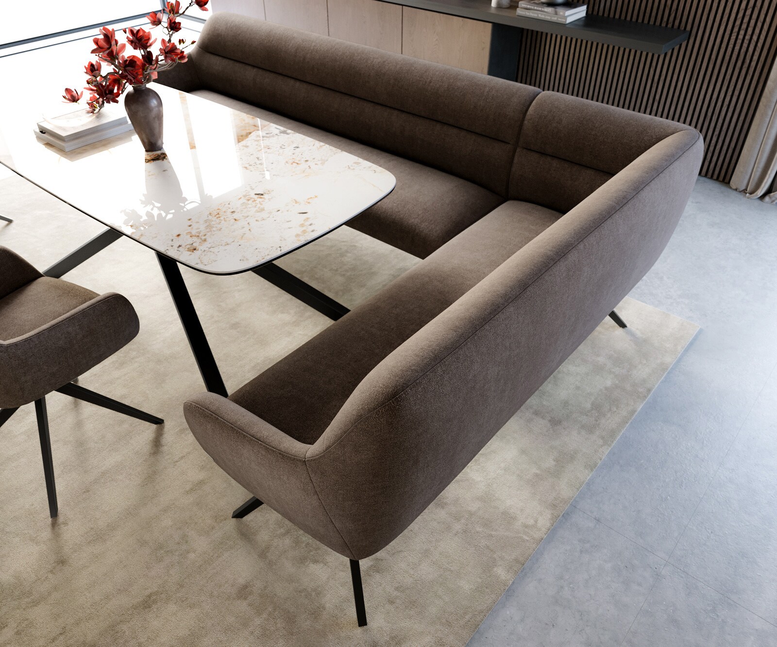 Banc-de-salle-à-manger Taya-Flex 285x190 cm tissu structuré doux taupe pied croisé angulaire noir ressort ensaché liens 4