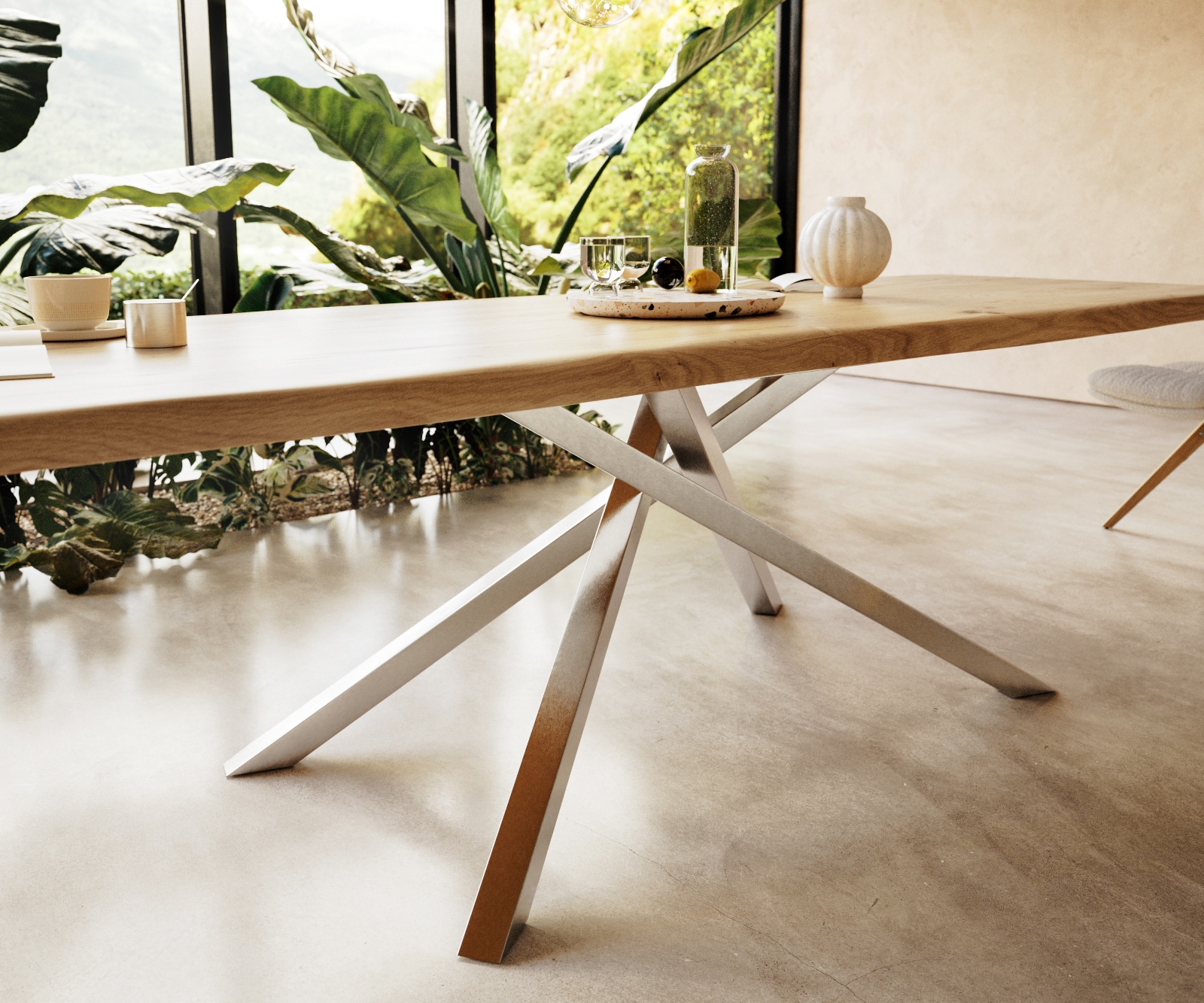 Table à manger Edge 300x100 chêne nature cadre croisé rectangle acier inoxydable Live-Edge 4 Table à manger Edge 300x100 chêne nature cadre croisé rectangle acier inoxydable Live-Edge 4