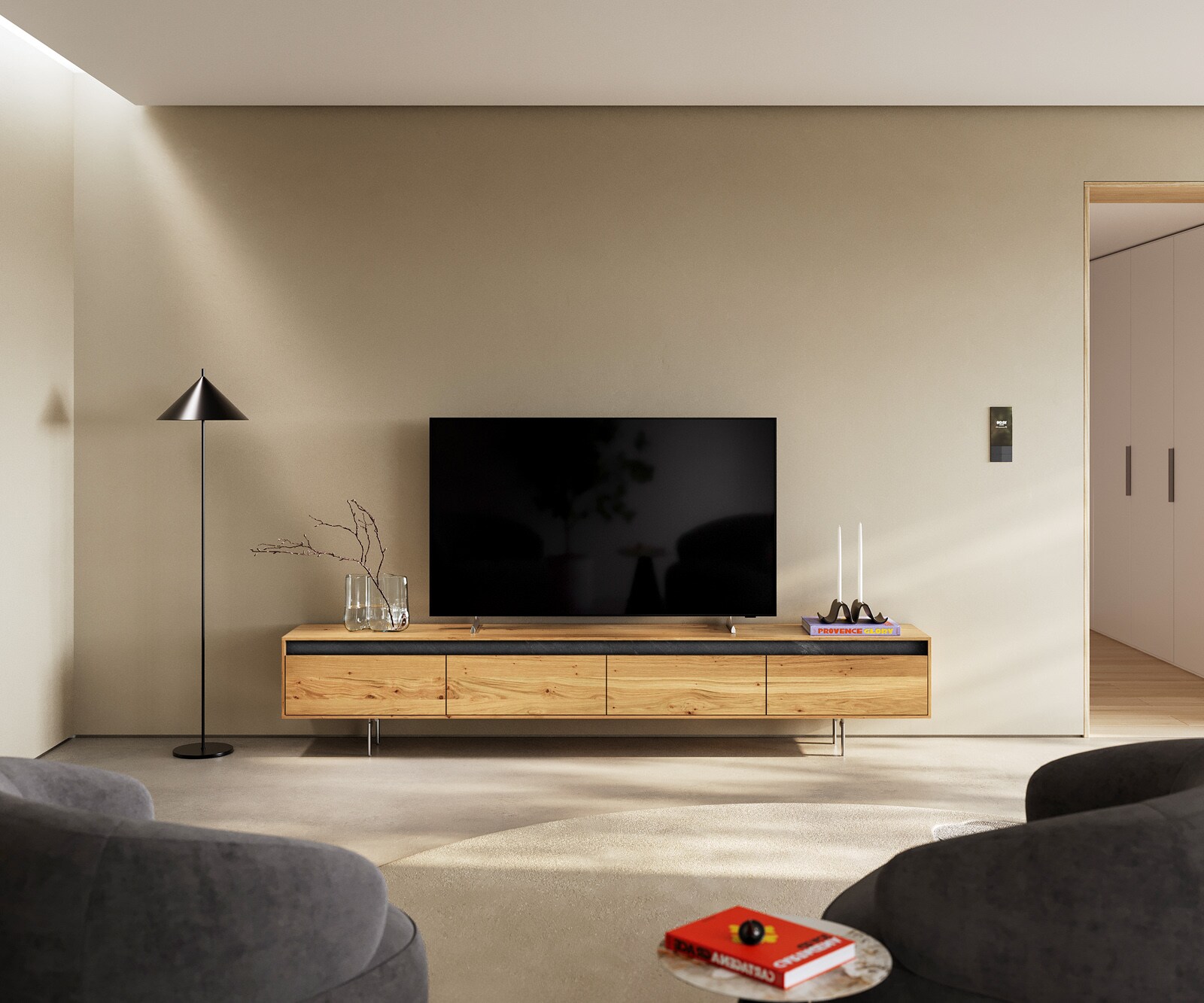 Meuble-TV Stonegrace 240 cm chêne naturel 4 portes pied ovale inoxydable 2