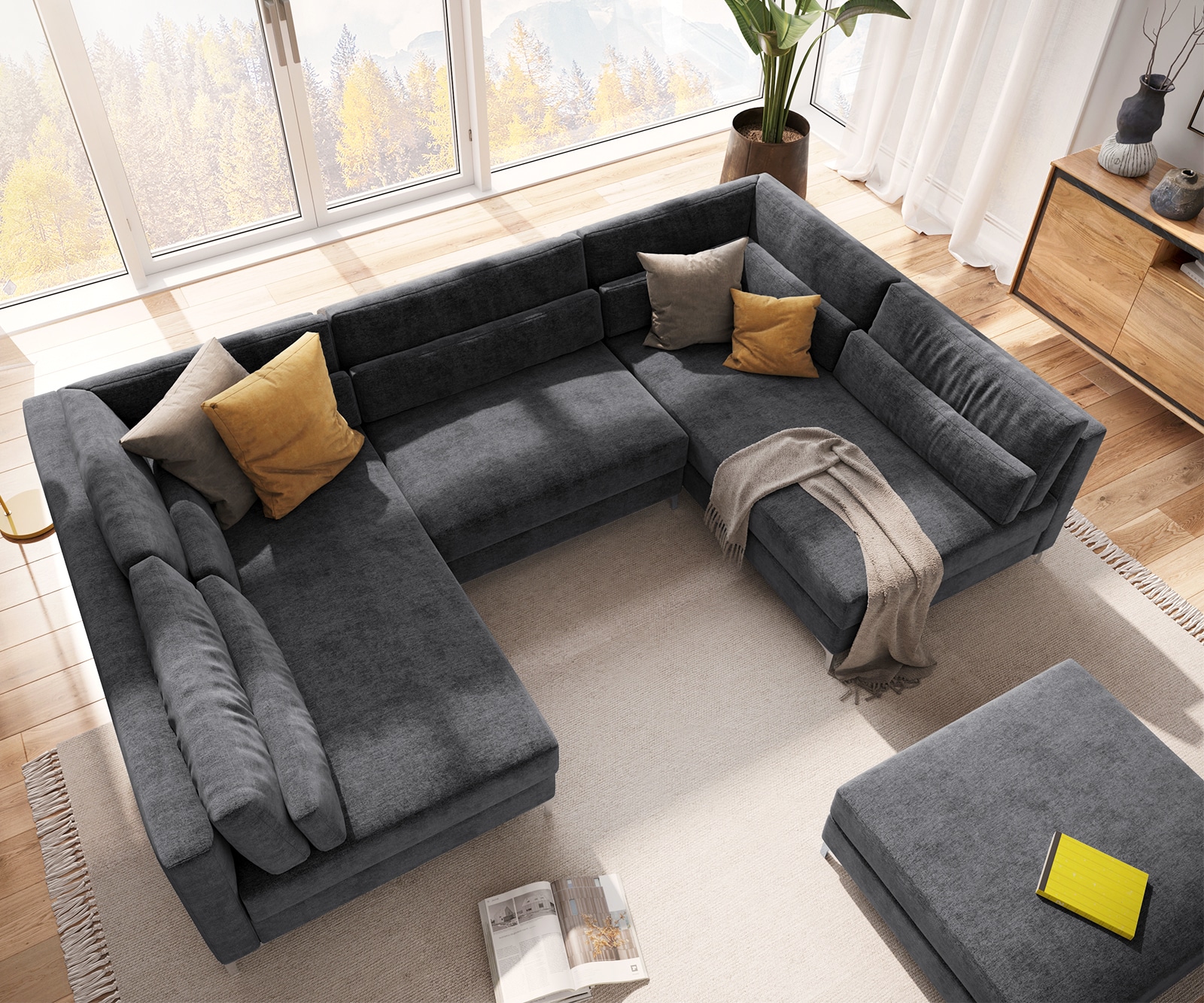 Canapé-panoramique Elio 300x185 cm microfibre graphite avec pouf 3 Canapé-panoramique Elio 300x185 cm microfibre graphite avec pouf 3