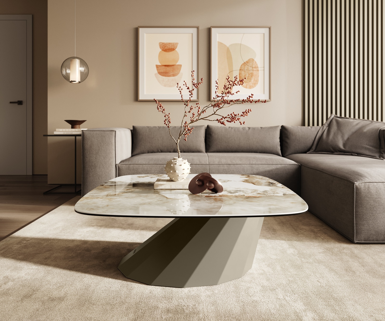 Table basse Edge Boot 90x90 cm céramique Minas Melange Parabi Metall finition effet titane 2