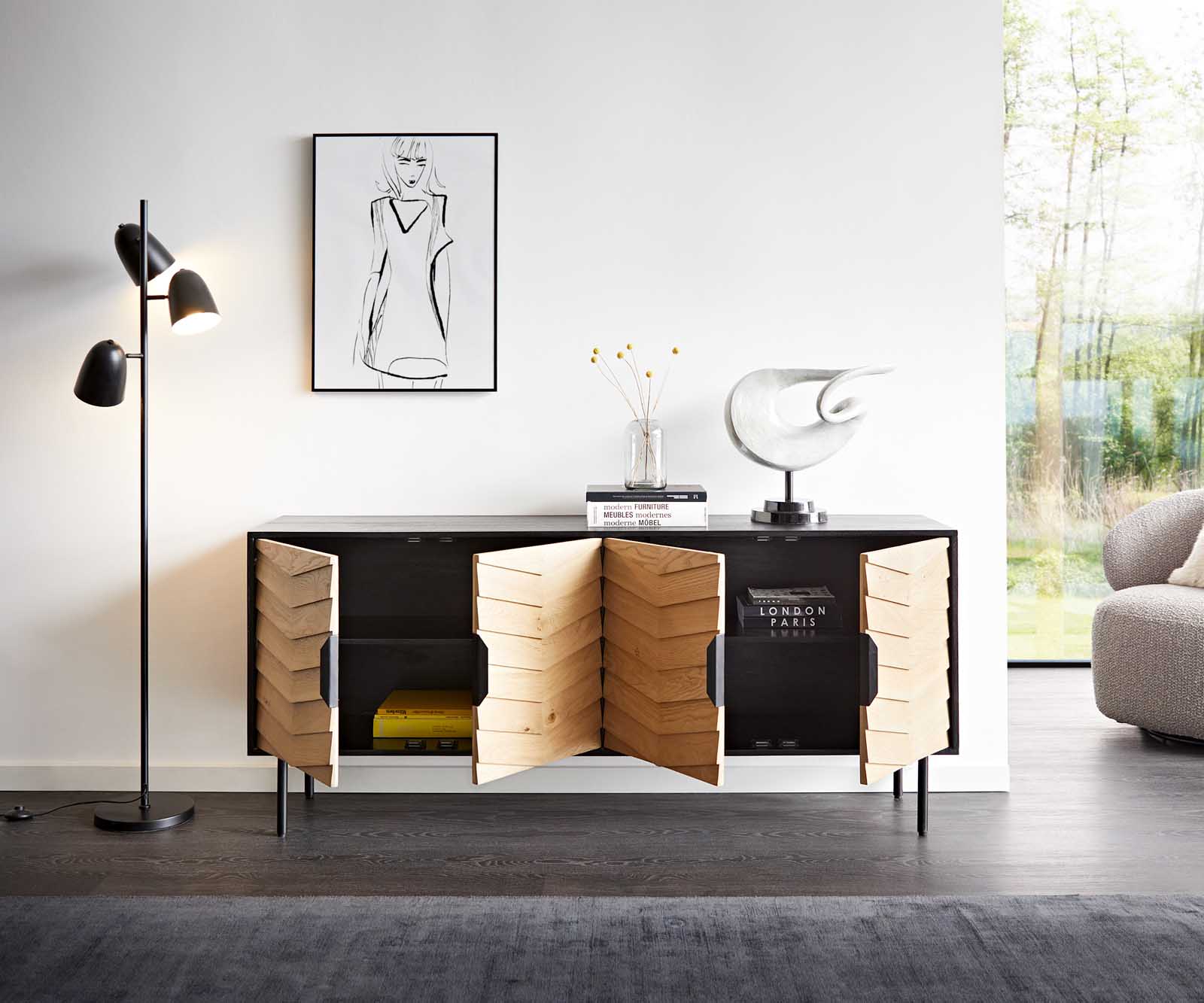 Buffet Muvi 175 cm chêne naturel manguier noir métal noir 4 portes 3