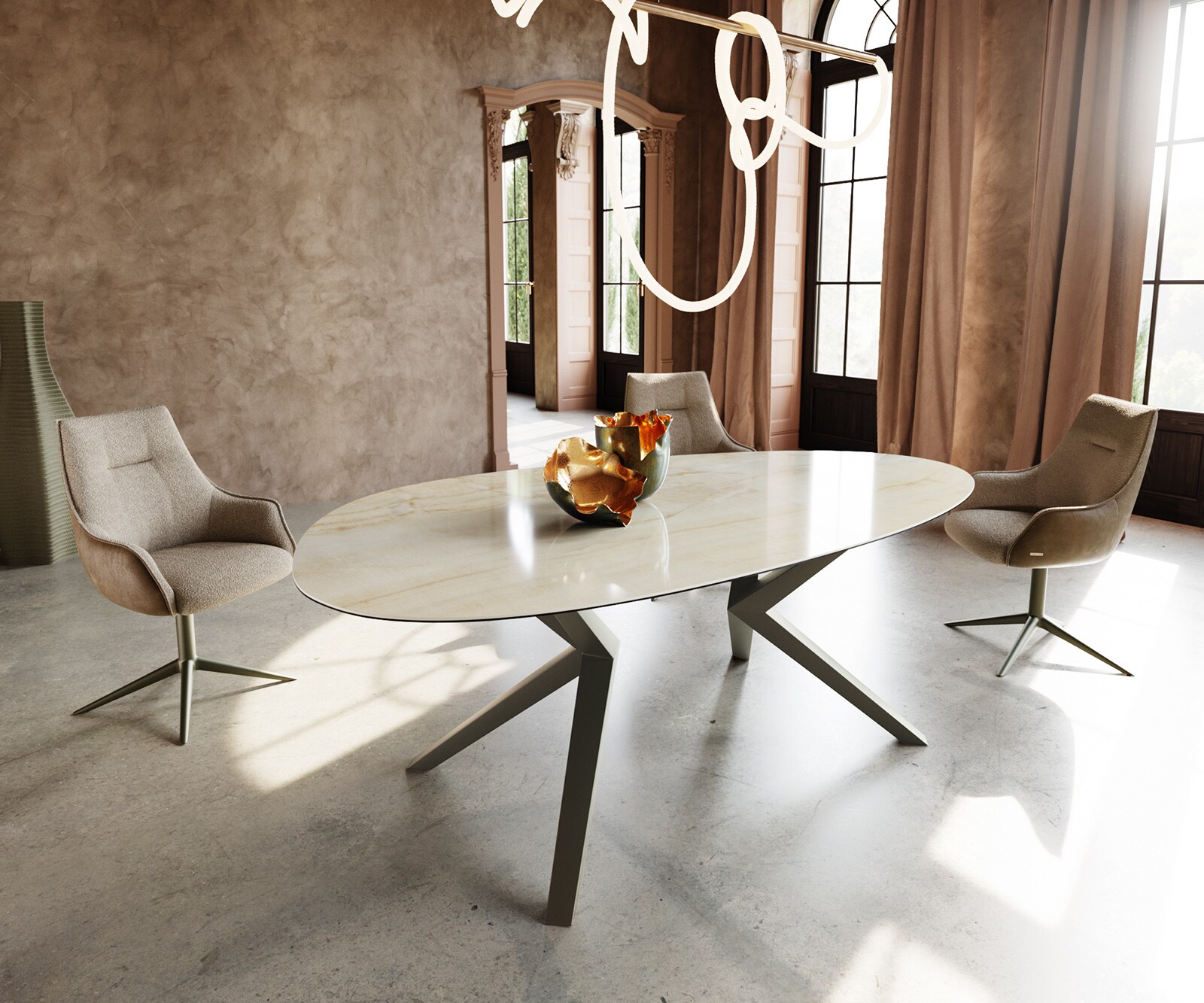 Table à manger Edge Ovale 220x120 Céramique Iris FMG Onice Oro Zenthara anguleux Métal finition à effet Titane