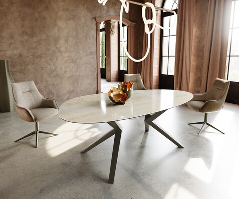 Table à manger Edge Ovale 220x120 Céramique Iris FMG Onice Oro Zenthara anguleux Métal finition à effet Titane