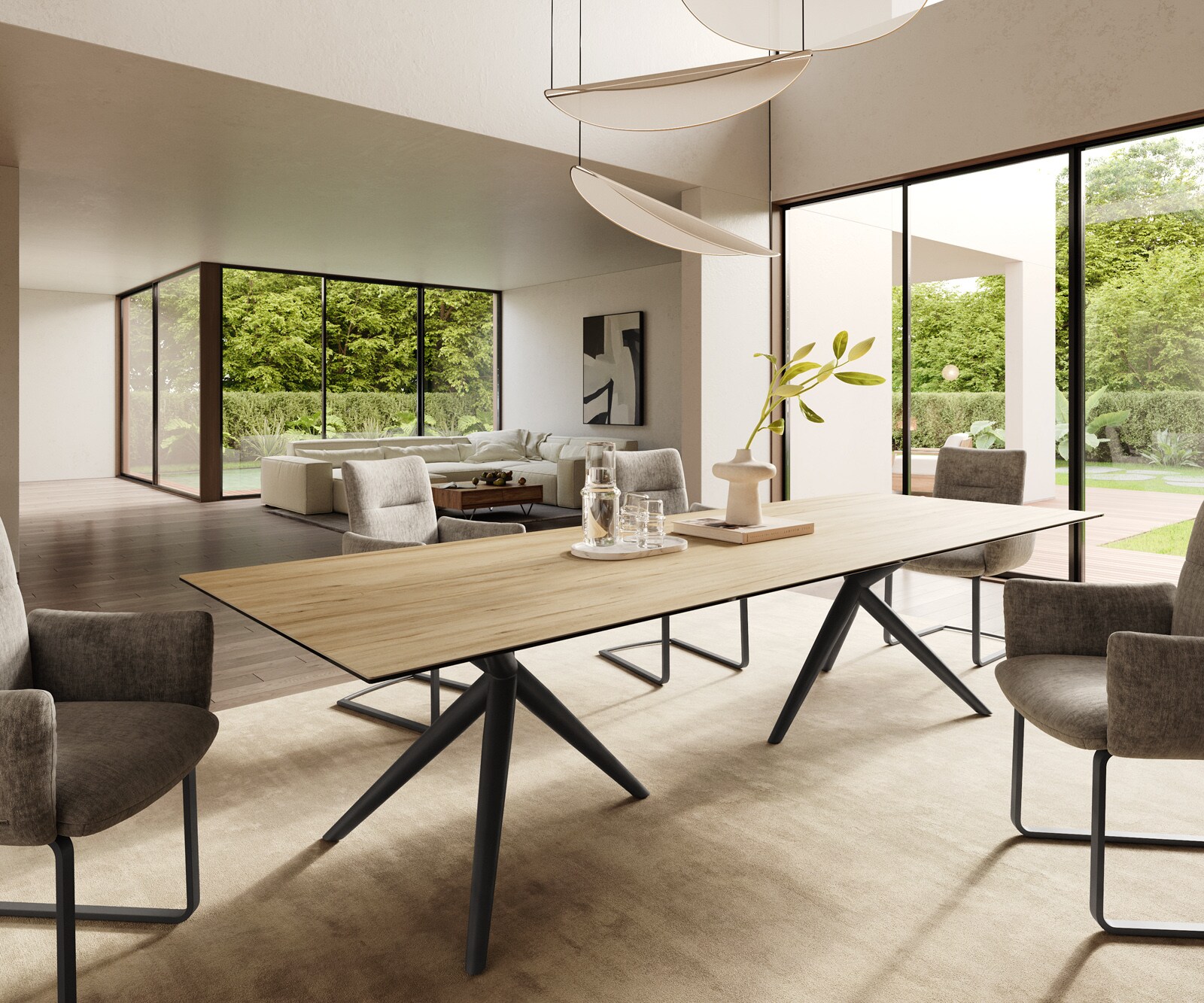 Table à manger Edge 300x100 Céramique Laminam® Sabbia Couleur chêne Estelar rond Métal Noir