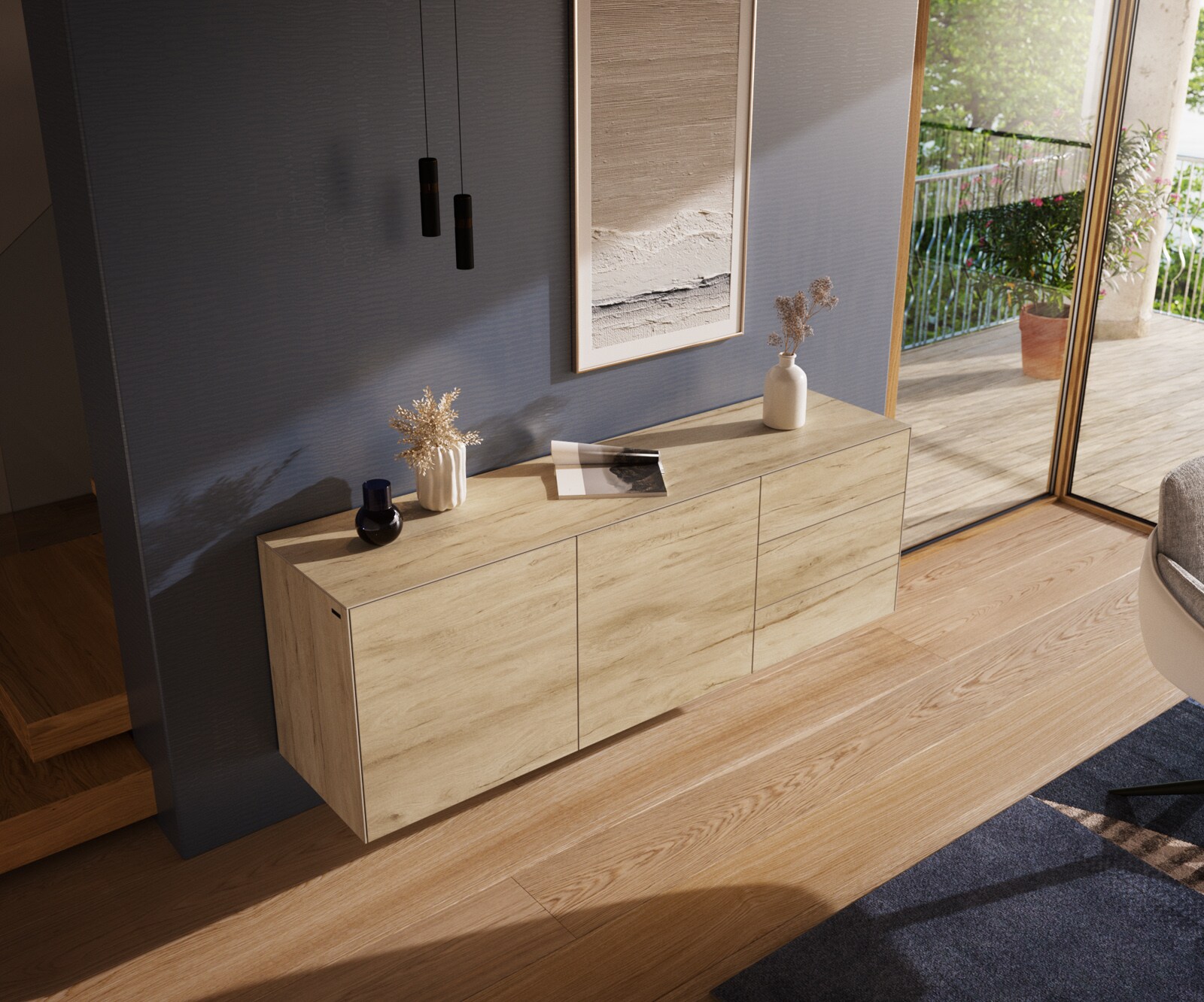 Buffet Cuor 180 cm Céramique Laminam® Sabbia Teinte chêne 2 Portes 3 Tiroirs Flottant 4