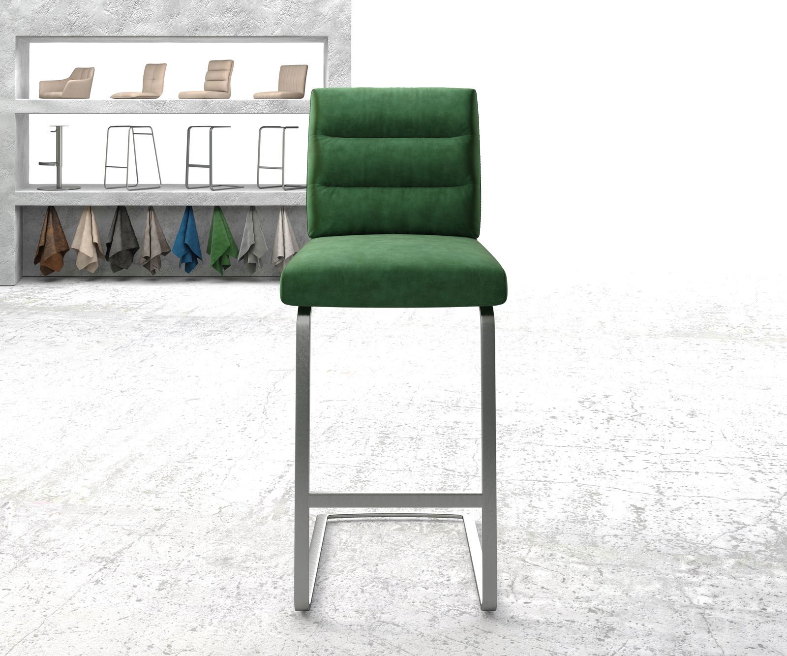 Chaise-de-bar Pela-Flex velours vert chaise cantilever acier plat inoxydable 1