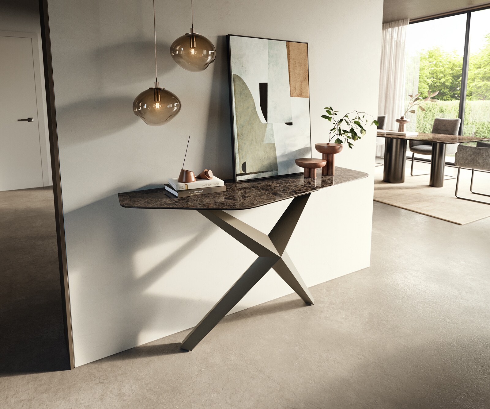 Console Edge Polygonal 140x50 cm Céramique Emperador Extra Lucidato Dunkelbraun Zentharo Métal Effektfinish Titan 3
