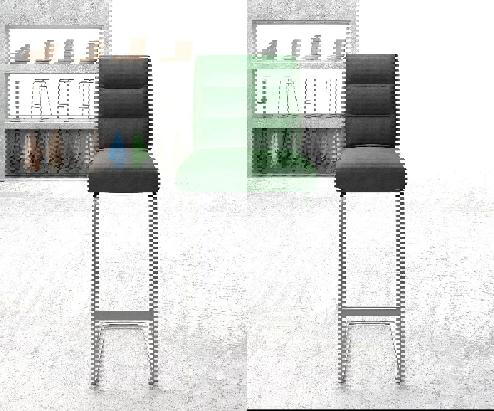Chaise-de-bar Pela-Flex velours vert chaise cantilever acier plat inoxydable 1