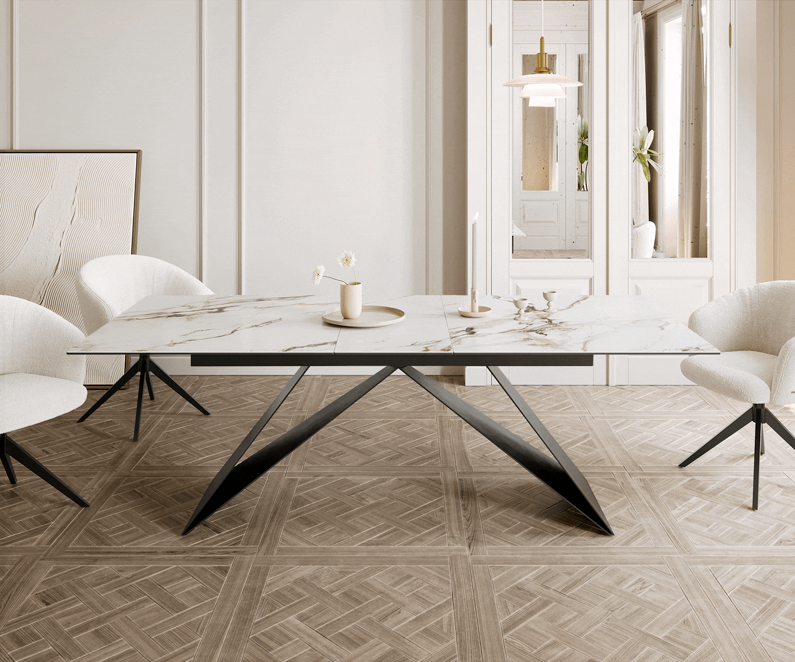 Table à manger Edge 180-220x100 céramique Calacatta Luxe blanc-doré-gris cadre en V acier plat noir extensible 1 Table à manger Edge 180-220x100 céramique Calacatta Luxe blanc-doré-gris cadre en V acier plat noir extensible 1