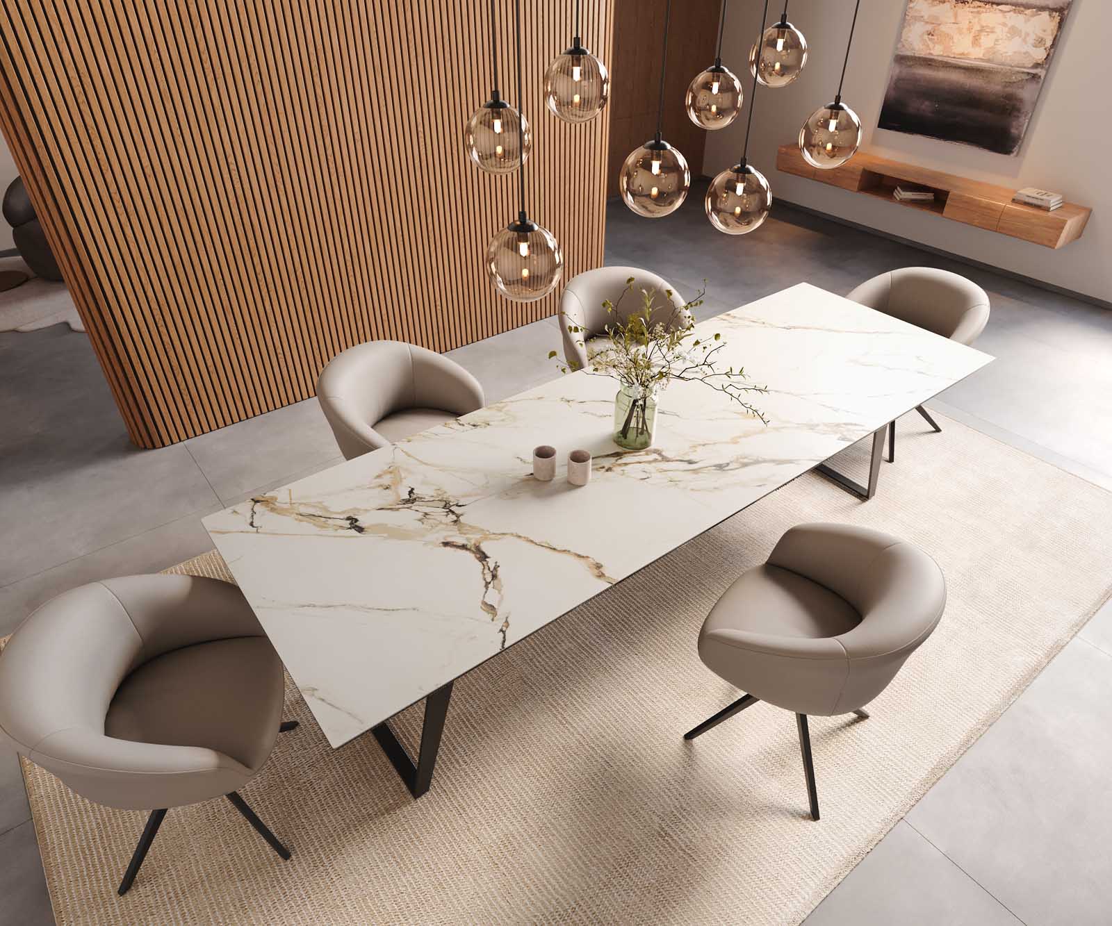 Table à manger Edge 300x100 céramique Calacatta Luxe blanc-doré-gris métal incliné noir 5