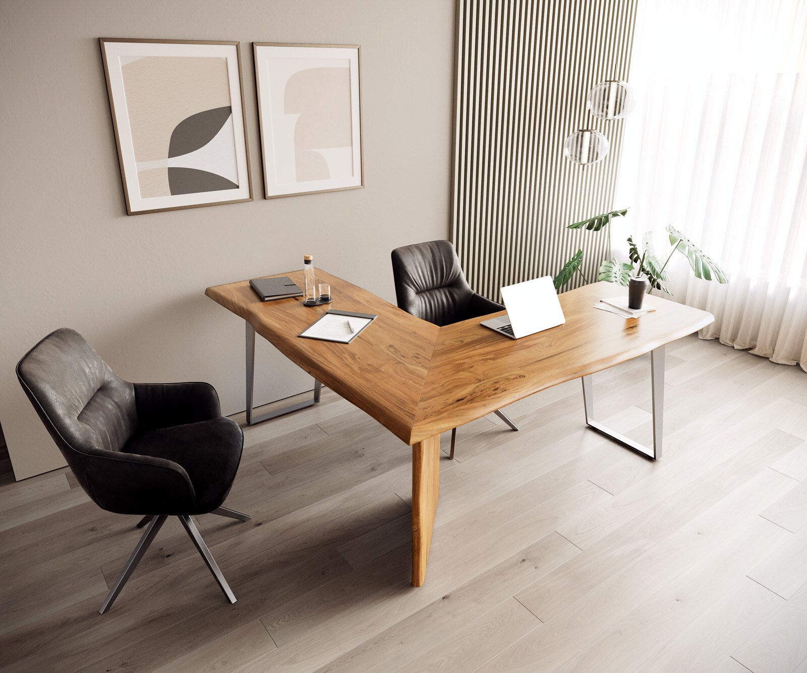 Bureau Live-Edge 170x170 acacia nature cadre gris tronc d'arbre 6