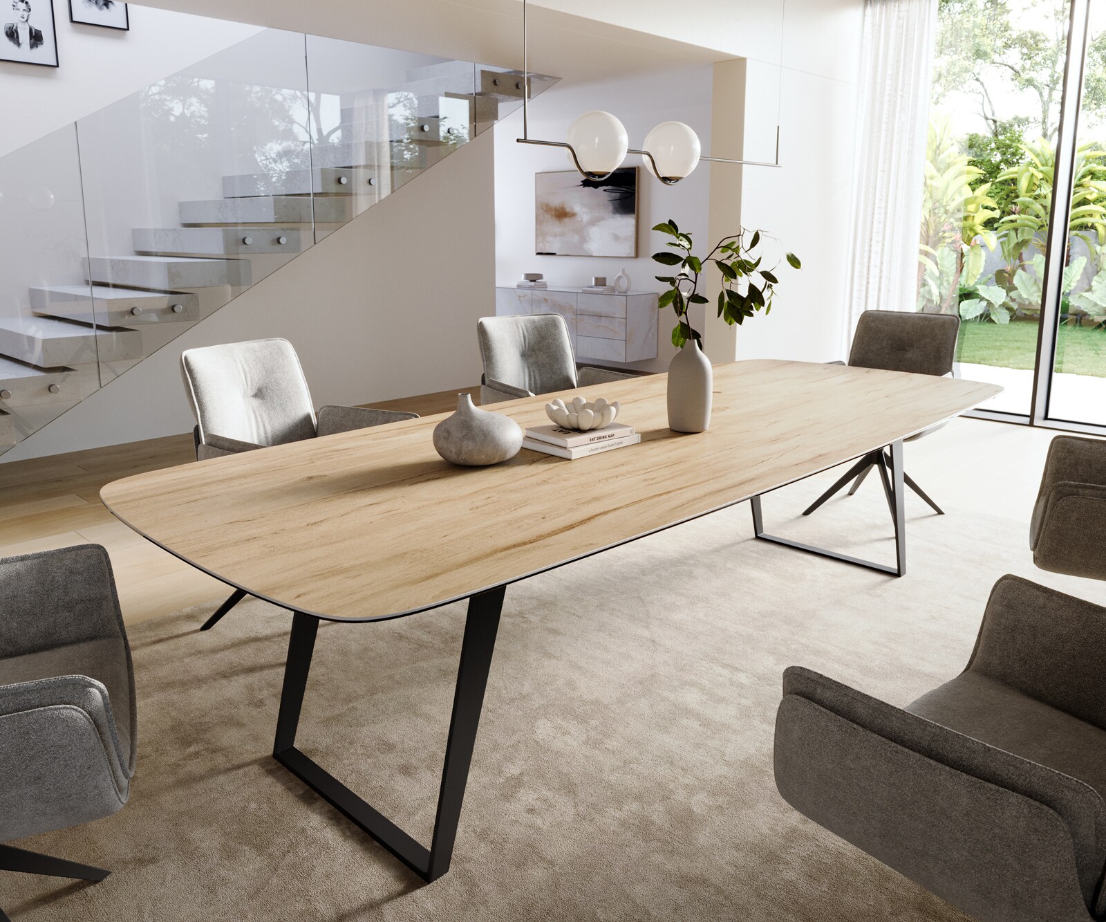 Table à manger Edge Boot 300x120 cm Céramique Laminam® Sabbia Eichefarbig Métal Schräg Noir 1
