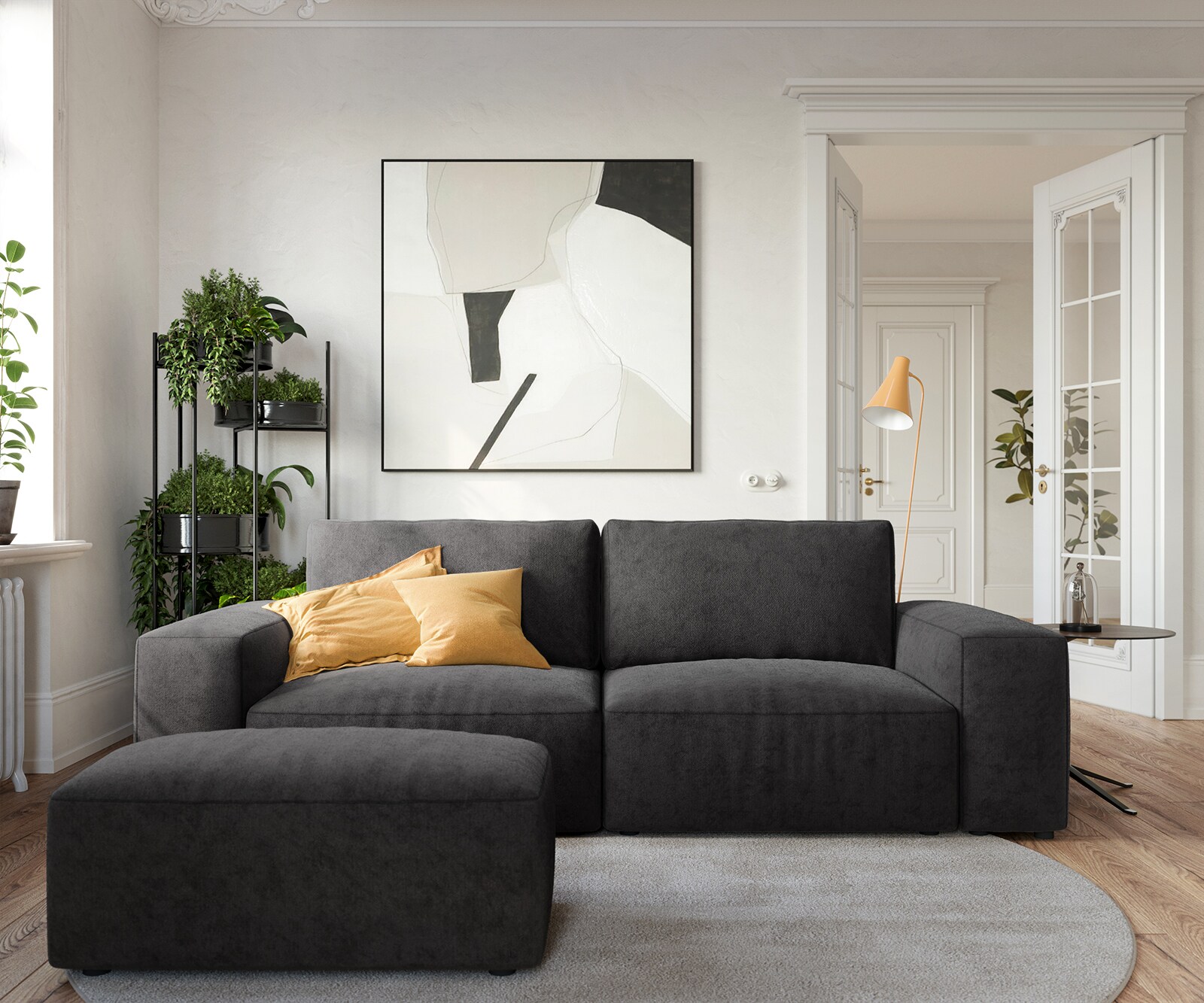 Big canapé Lanzo 230x95 cm microfibre noir avec pouf 2