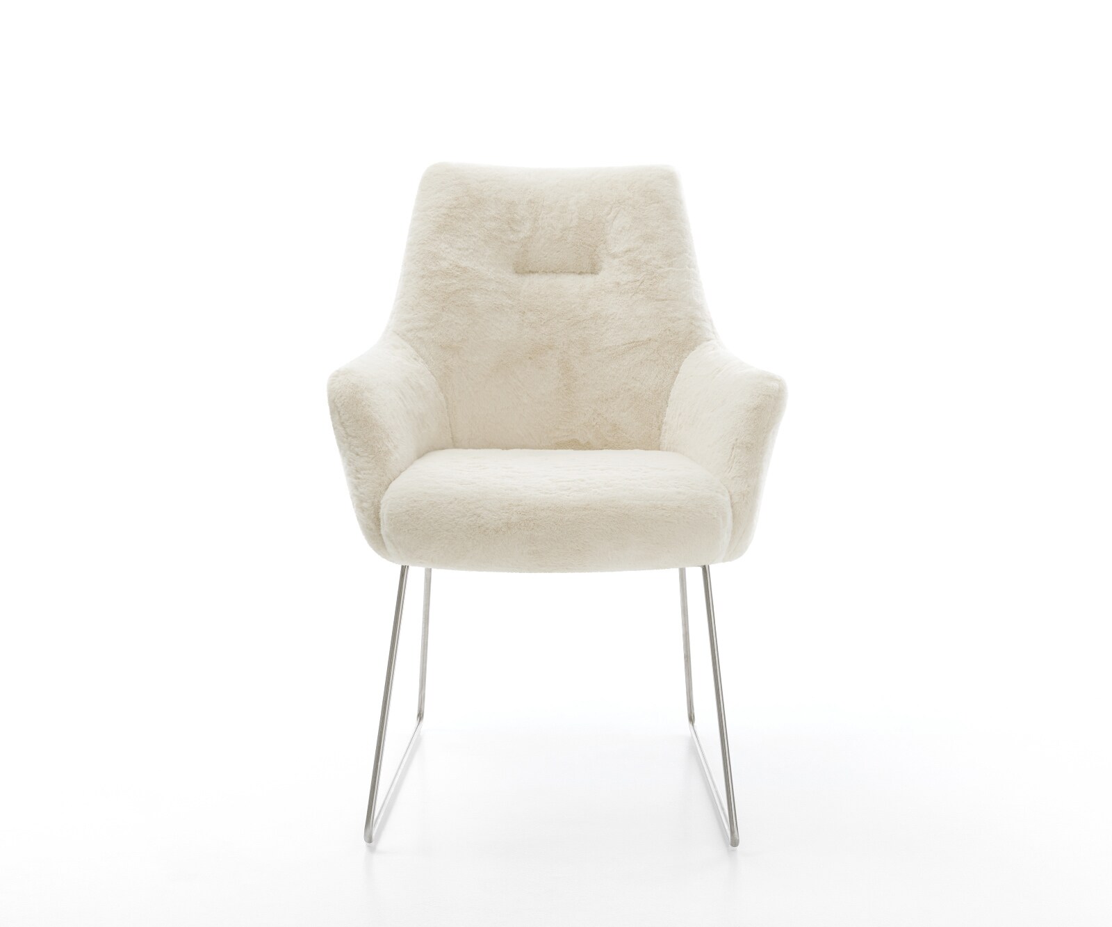 Chaise-de-salle-à-manger Alja-Flex avec accoudoirs peluche crème-blanc pied trapèze acier inoxydable resorts ensachés 1