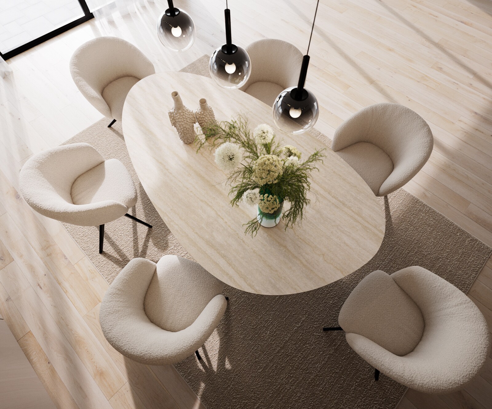 Table à manger Edge Ovale 220x120 Céramique Laminam®Travertino Bianco Crème-Blanc​ Zenthara anguleux Métal Noir 3