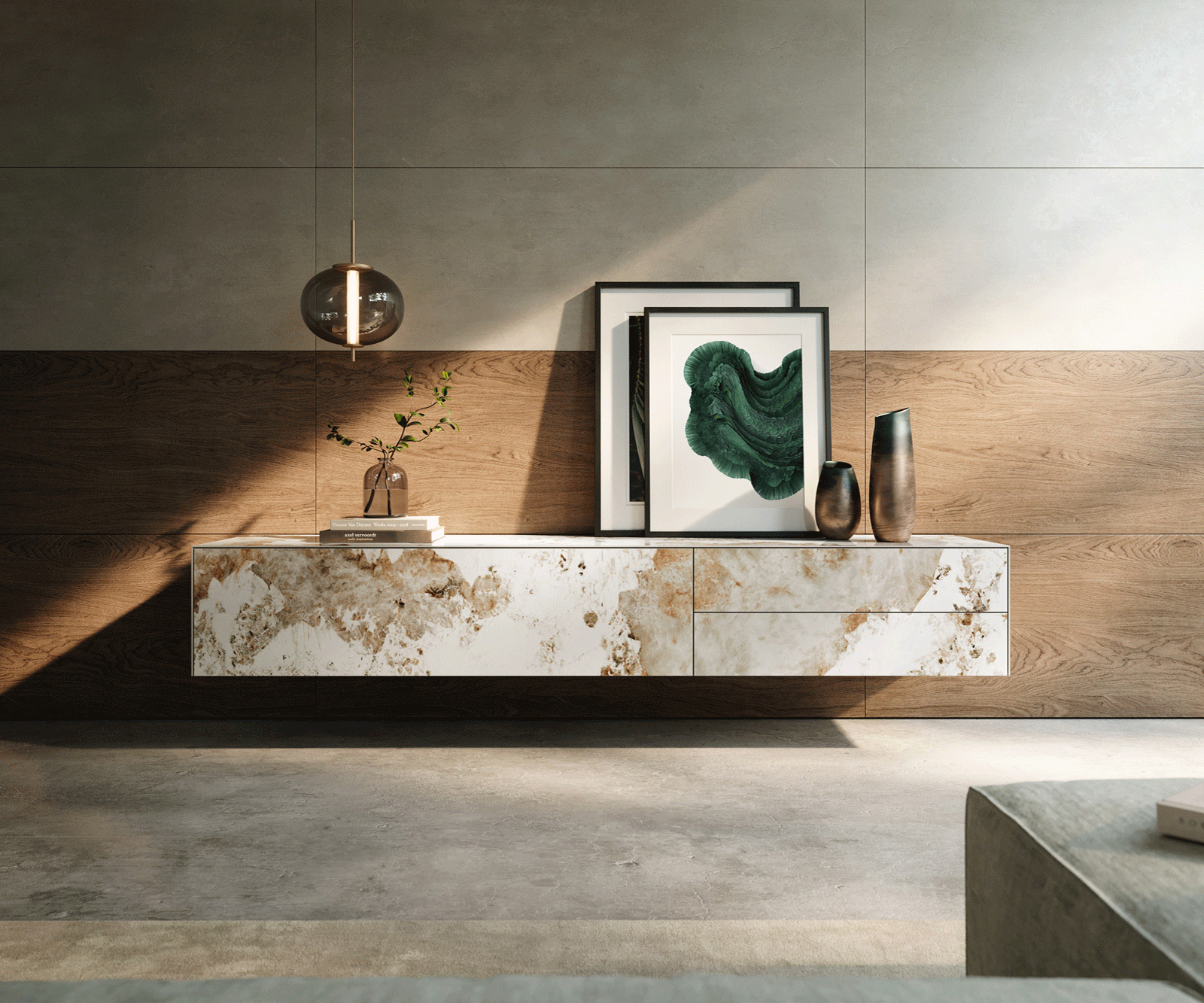 Meuble-TV Cuor 220 cm Céramique Minas Melange Blanc-beige 1 Clapet 2 Tiroirs Flottant 2