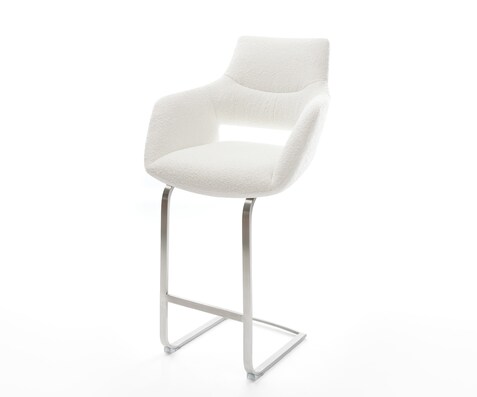 Chaise-de-bar Yago-Flex Bouclé Crème-blanc Pied cantilever acier inoxydable Argent Ressort ensaché