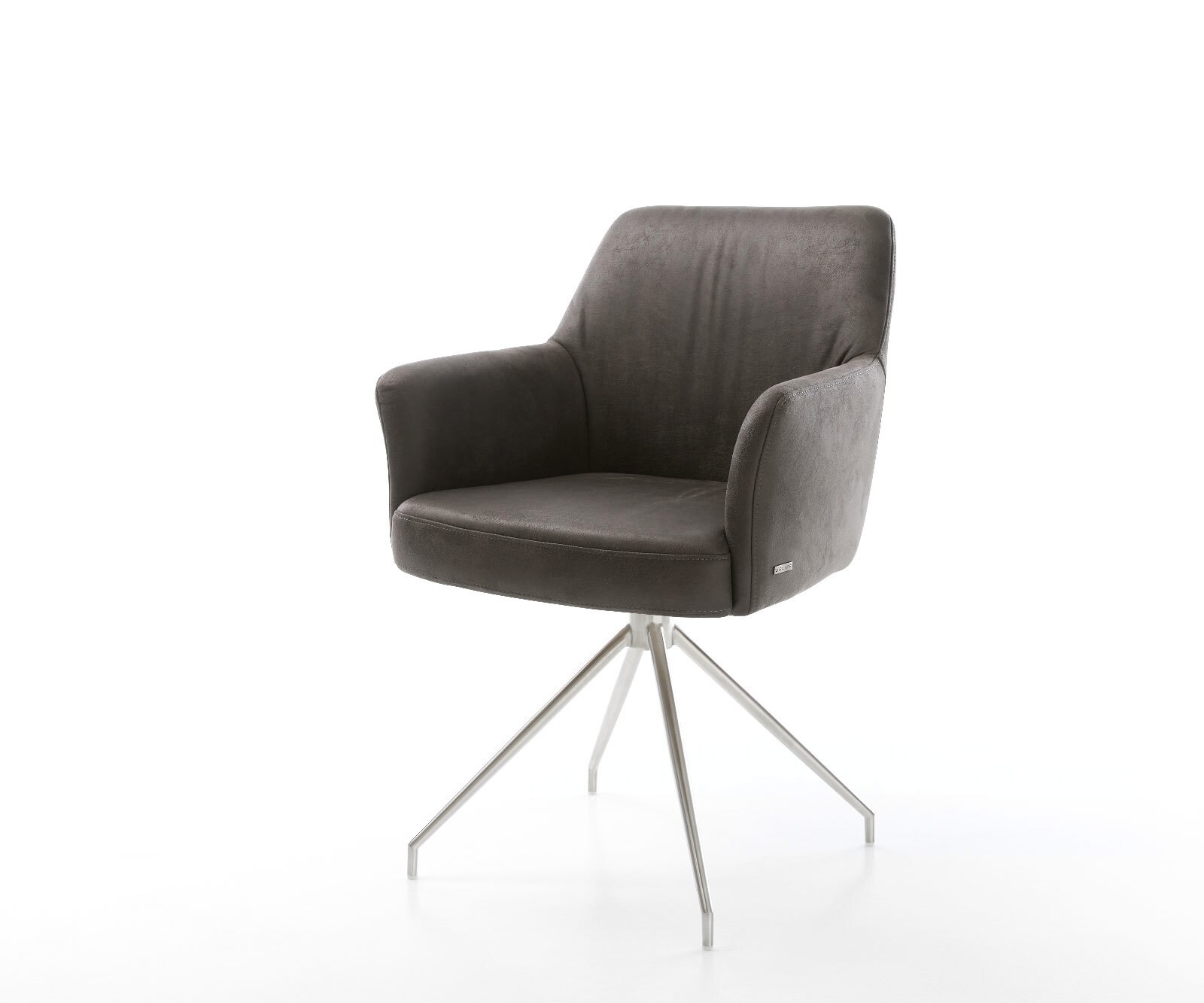 Chaise-pivotante Xana-Flex avec accoudoirs microvelours anthracite vintage pied croisé conique acier inoxydable brossé pivotement sur 180° ressorts ensachés