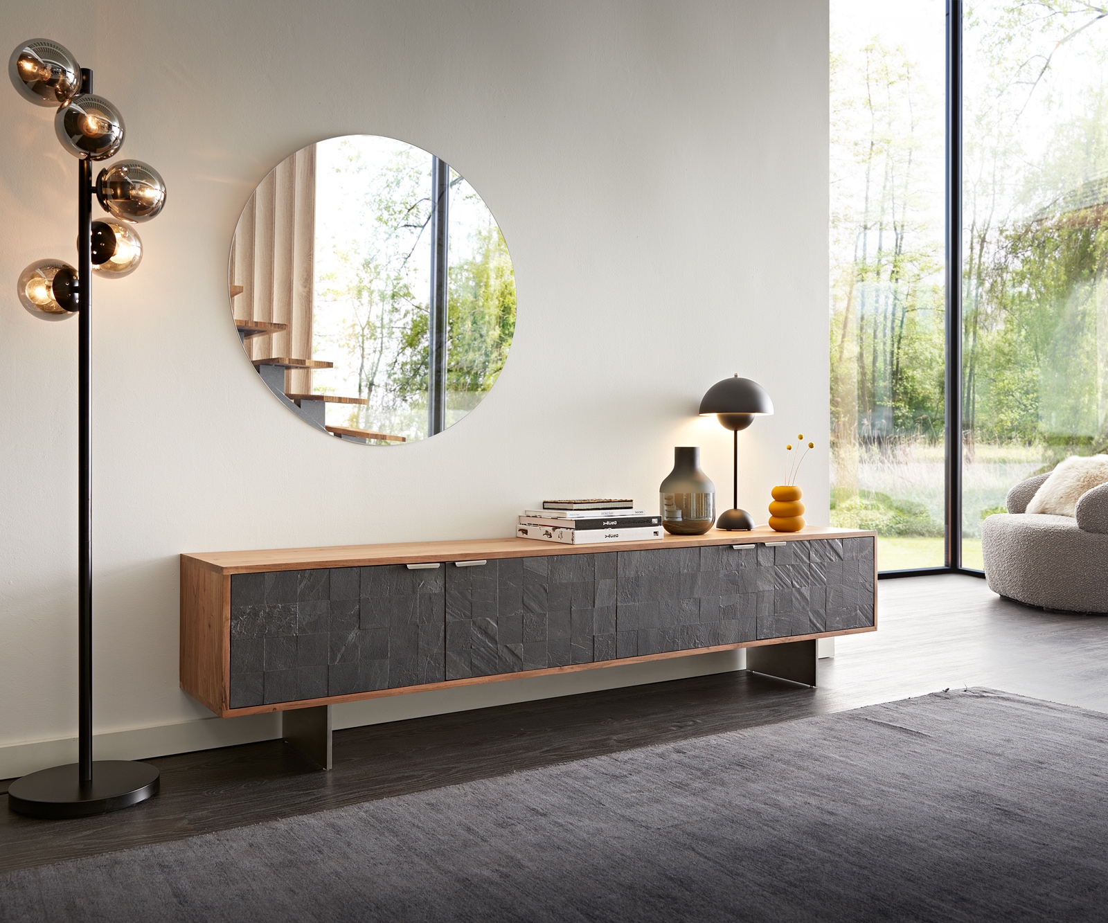 Meuble-TV Teele 200 cm acacia naturel ardoise 4 portes pied flottant inoxydable Meuble-TV Teele 200 cm acacia naturel ardoise 4 portes pied flottant inoxydable