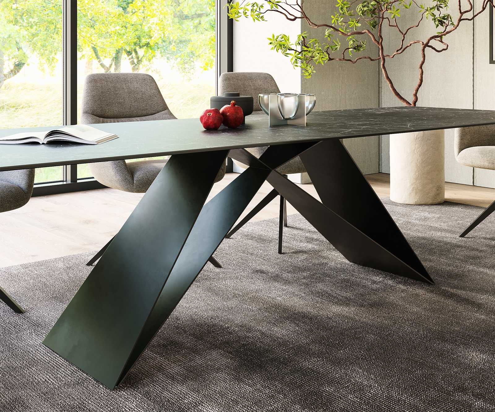 Table-à-manger Edge 300x100cm Laminam® céramique gris V-pieds milieu noir 6 Table-à-manger Edge 300x100cm Laminam® céramique gris V-pieds milieu noir 6