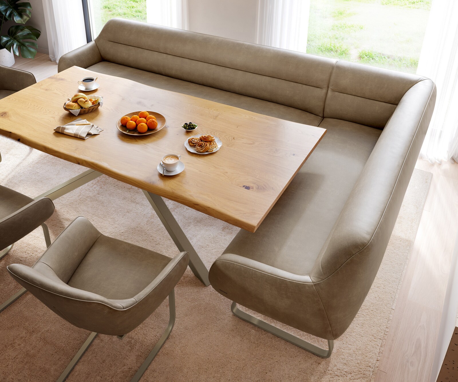 Banc-de-salle-à-manger Taya-Flex 285x190 cm microfibre beige vintage châssis à patins plat titane ressort ensaché à droite 4