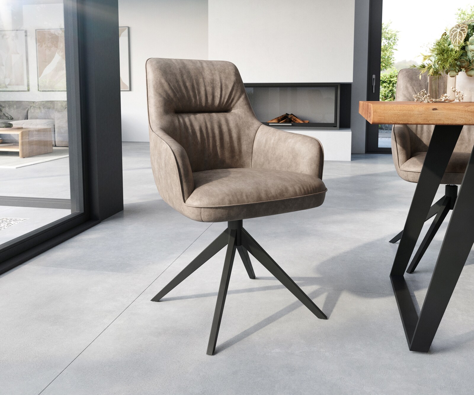 Chaise-de-salle-à-manger Zelia-Flex avec accoudoirs microvelours taupe vintage pied croisé large noir ressorts ensachés