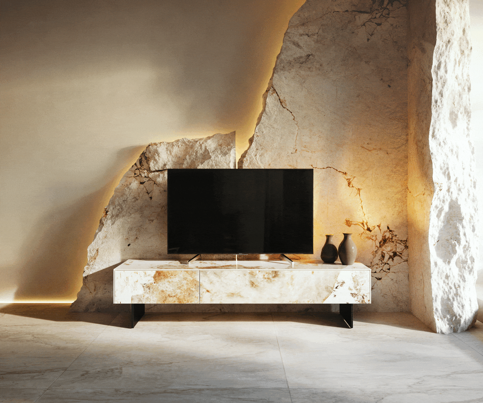 Meuble-TV Cuor 150 cm Céramique Minas Melange Blanc-beige 1 Clapet 1 Tiroir Pied optique flottant Métal Noir 5