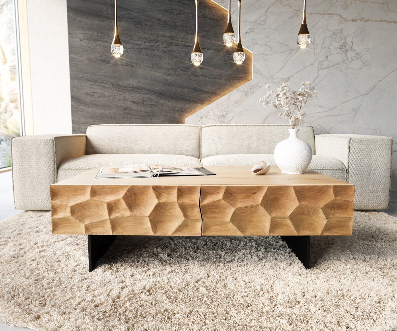 Table basse Solu 120 cm chêne naturel 4 tiroirs pied profilé métal noir face avant 3D 1