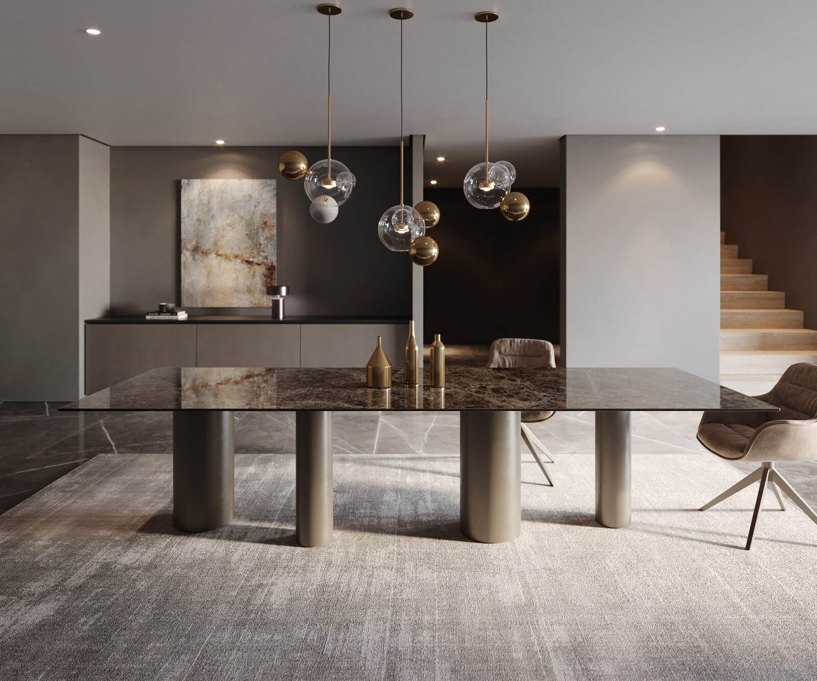 Table à manger Edge 300x100 Laminam® Emperador Extra Lucidato Marron foncé Pilier Métal finition à effet Titane 1