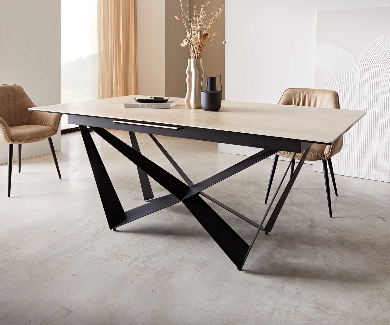 Table à manger Edge 180-220x100 céramique Travertin nature Spider acier plat noir extensible 6