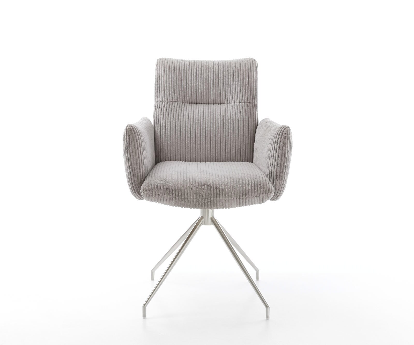 Chaise-pivotante Jova-Flex avec accoudoirs côtelé gris argenté pied croisé conique acier inoxydable brossé pivotement sur 180° ressorts ensachés 2