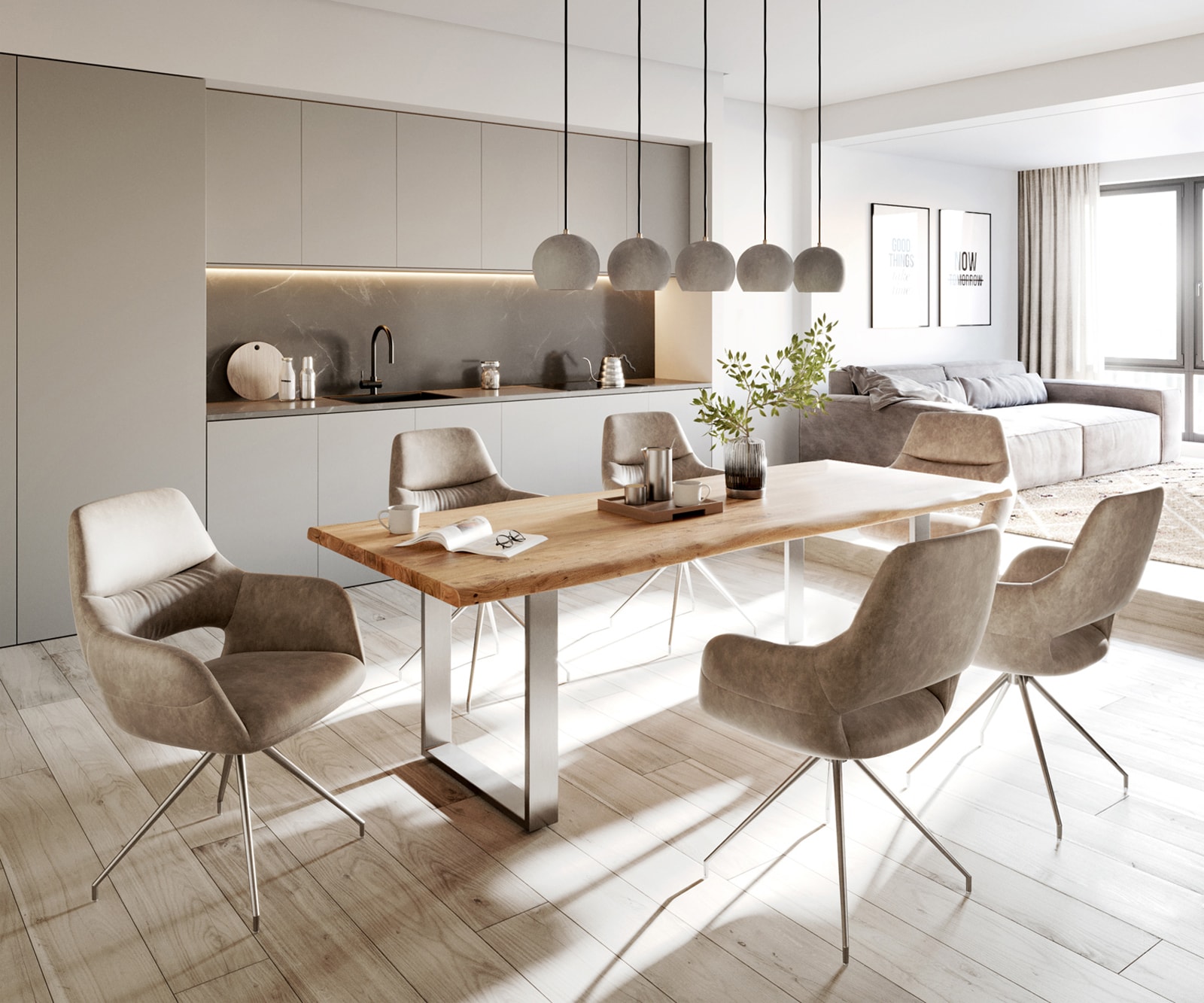 Table-à-manger Edge 240x100cm acacia nature acier inoxydable mince Live-Edge 6