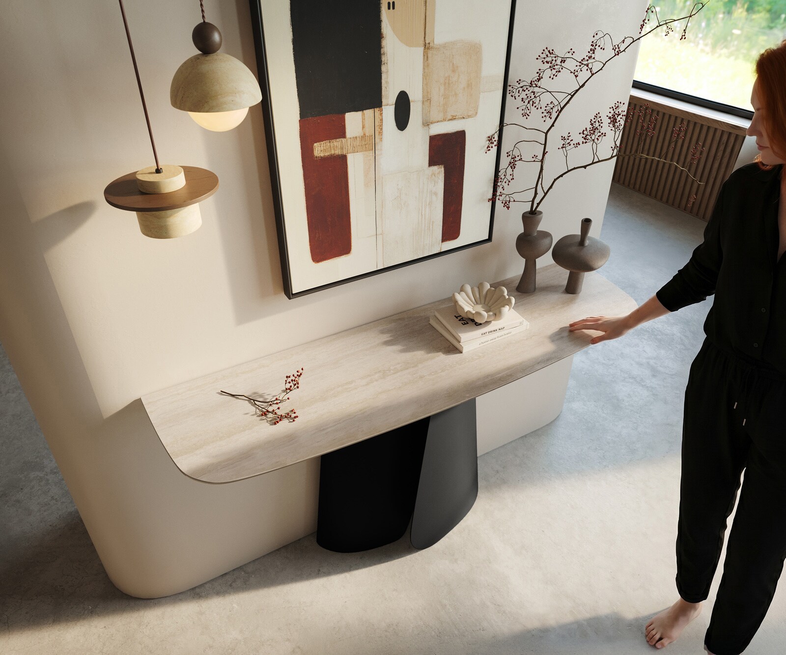 Console Edge forme bateau 140x40 cm Céramique Laminam® Travertino Bianco Creme-Weiß Livos Métal Noir 2