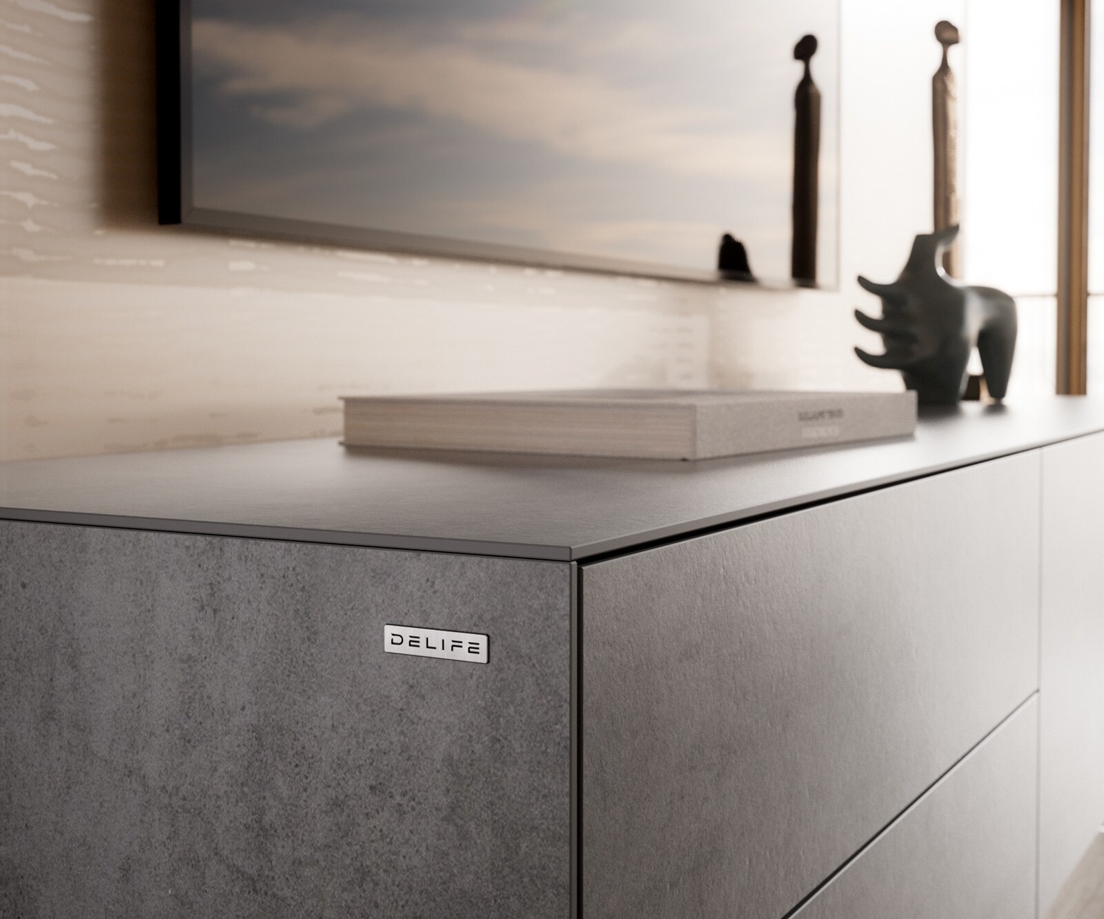 Meuble-TV Cuor 180 cm Céramique Béton gris 1 Clapet 2 Tiroirs Flottant 6
