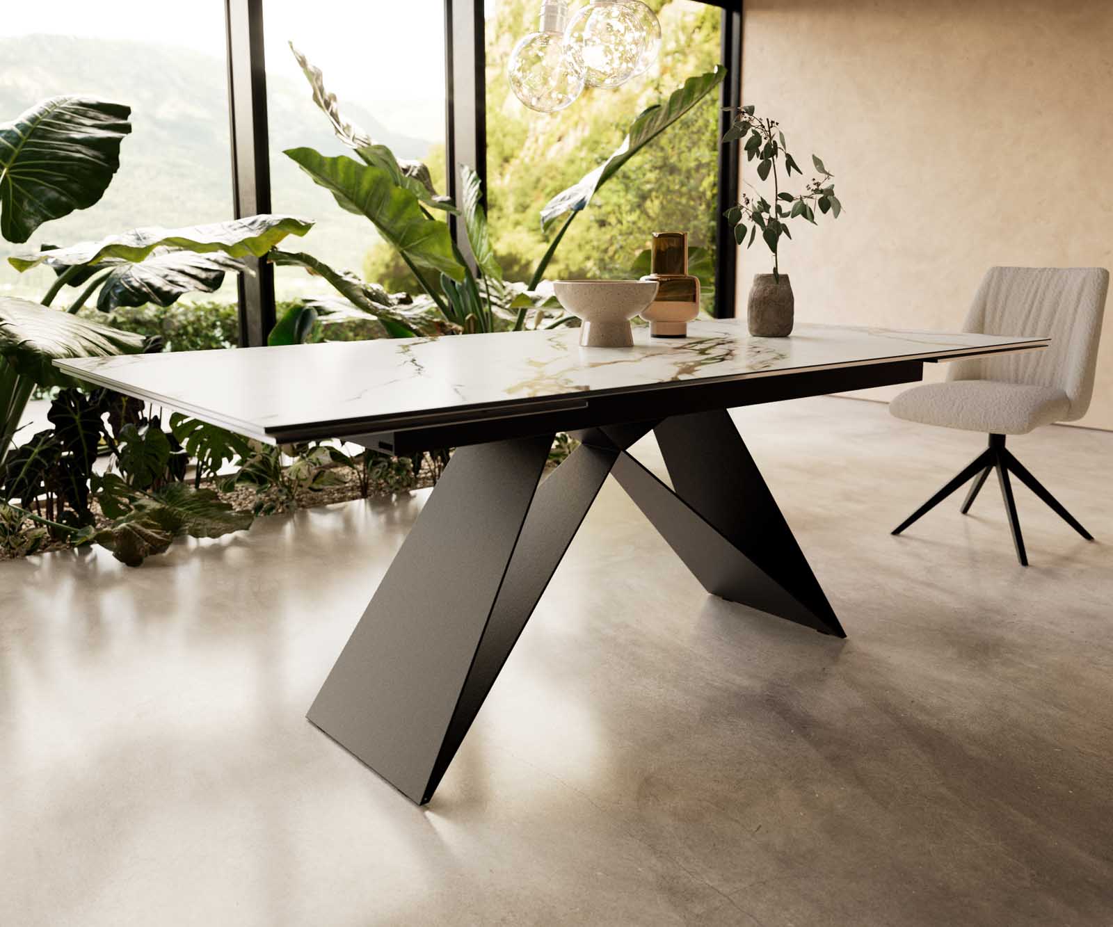 Table à manger Edge 200-300x100 céramique Calacatta Luxe blanc-doré-gris cadre en V acier plat noir extensible 6