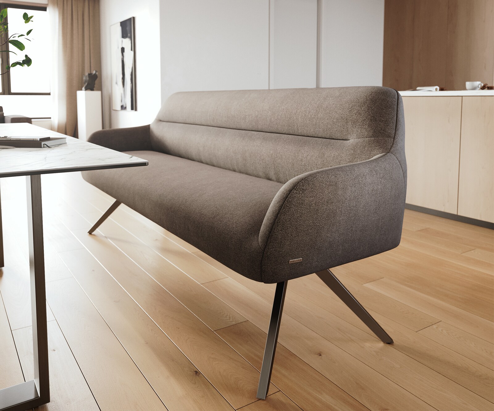 Banc-de-salle-à-manger Taya-Flex 200 cm tissu structuré doux taupe pied croisé angulaire noir ressort ensaché 5